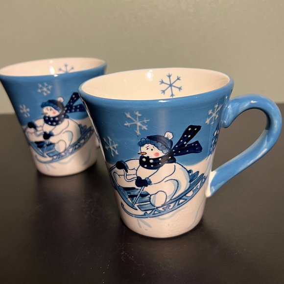 Set of 2 Hand Painted Snowman Sledding  Ceramic Mugs by NorthCrest Home - Picture 1 of 7